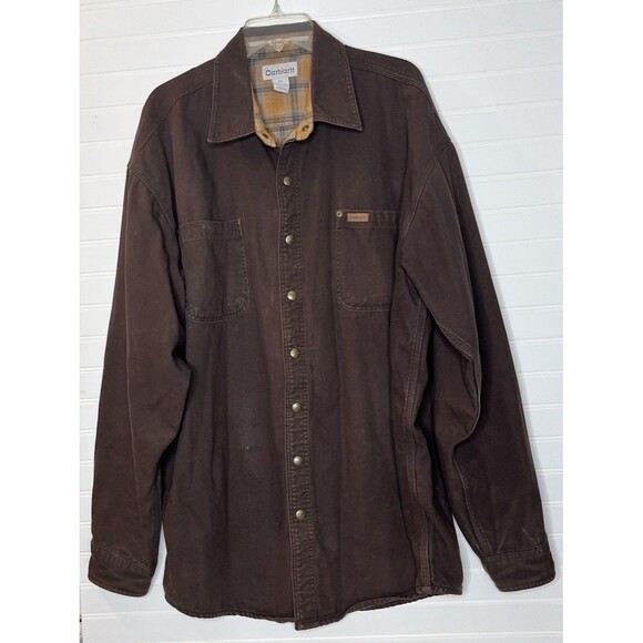 Carhartt Fleece Flannel Lined Chore Barn Coat Men’s XLT Brown Snap Work Outdoors